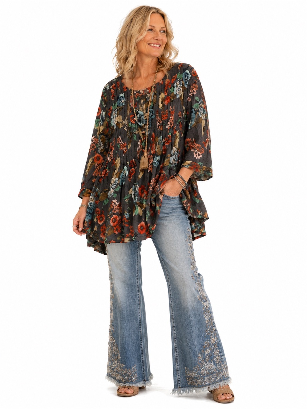 Paper Crane Artsy Bohemian‎ Floral Top Pintuck Cupra RayonOne Size